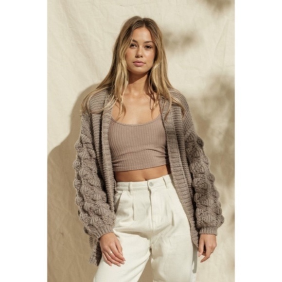 Khaki Pompom Sleeve Knit Open Cardigan Sweater - Picture 1 of 6